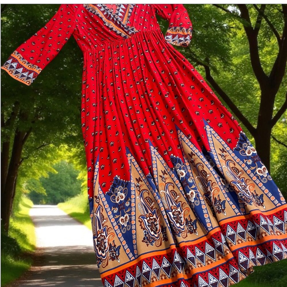 NWOT Vibrant Red and Blue Cotton Blend Maxi Dress size Small - Picture 14 of 16